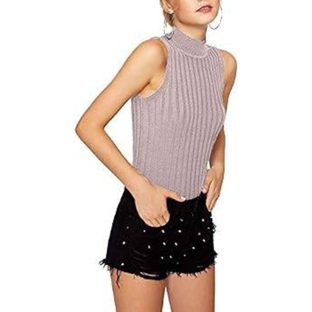 Iris Los Angeles Womens Ribbed Sleeveless Turtleneck Tie Side Sweater Mauve (97)